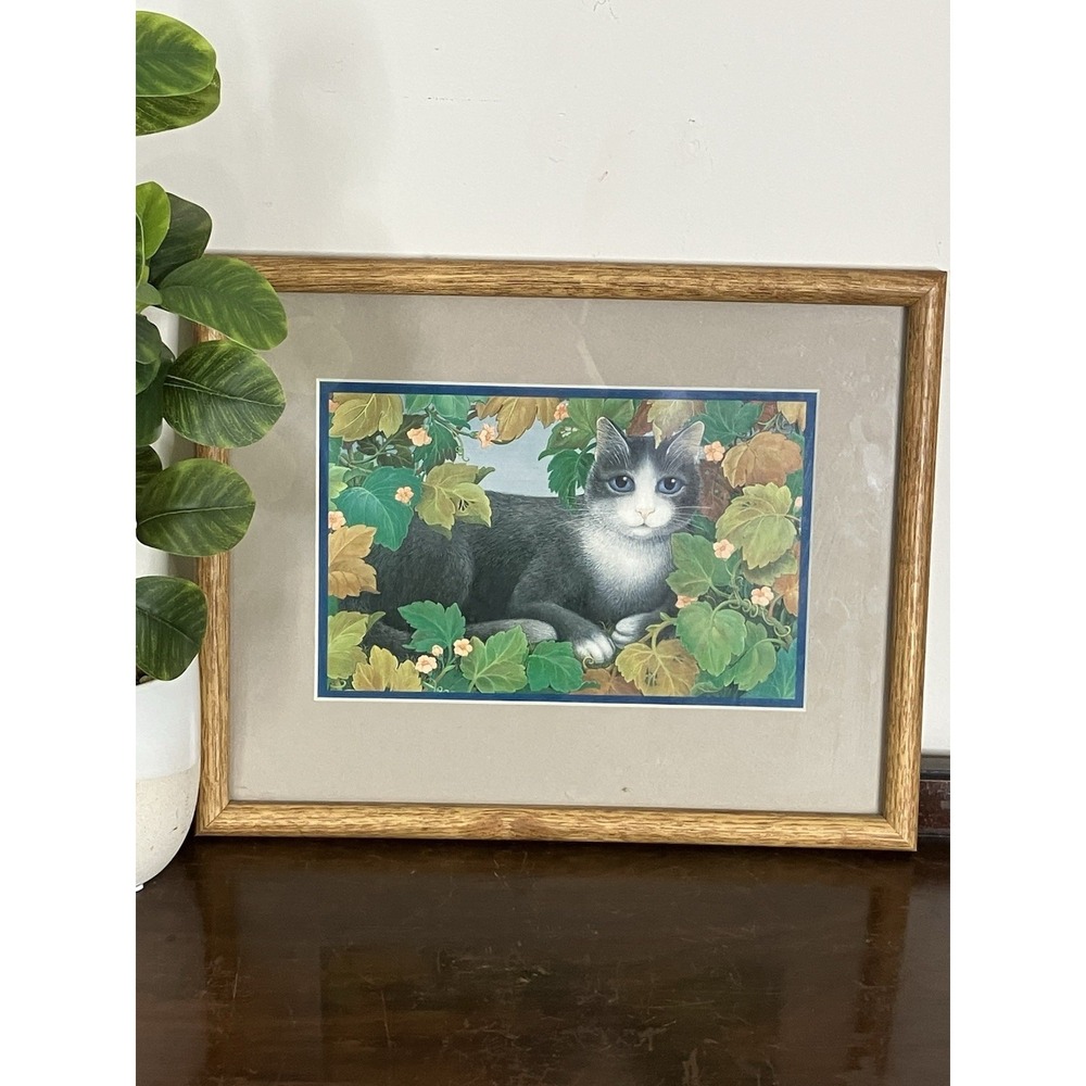 Vintage Hallmark Cat In Garden Wall Art – 1987 Framed Cottage Decor 14.75"x12"